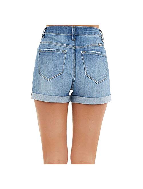 MIUERSA Women's Mid Rise Rolled Hem Jeans Stretchy Standard Distressed Juniors Jean Shorts Denim Shorts with Pockets
