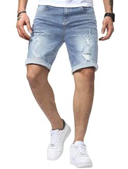 JMIERR Mens Fashion Stretch Skinny Ripped Jean Shorts Casual Slim Fit Distressed Denim Rolled Short