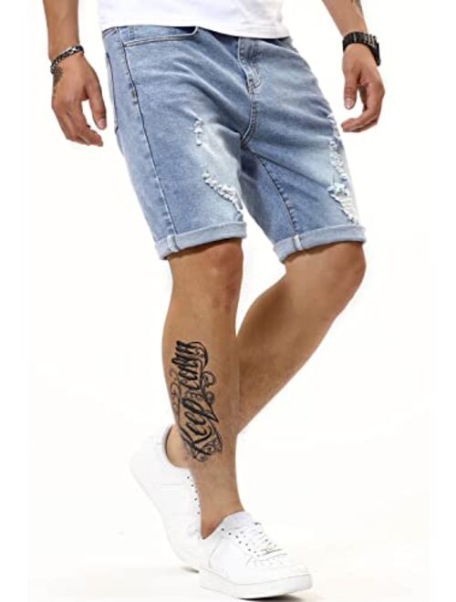 JMIERR Mens Fashion Stretch Skinny Ripped Jean Shorts Casual Slim Fit Distressed Denim Rolled Short