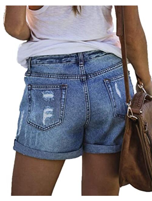 KISSMODA Women's Casual Denim Shorts Frayed Raw Hem Ripped Summer Jeans Rolled Up Stretchy Hot Short Pants
