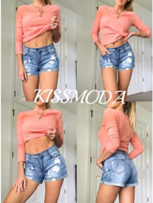 KISSMODA Women's Casual Denim Shorts Frayed Raw Hem Ripped Summer Jeans Rolled Up Stretchy Hot Short Pants