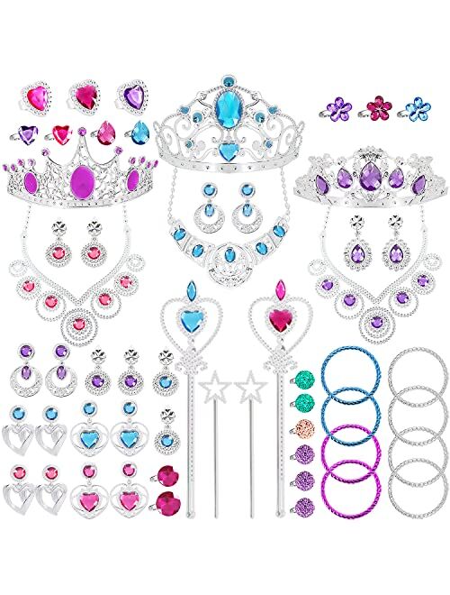 NINAOR 56 Pack Princess Jewelry for Girls Princess Dress Up Accessories Kids Play Jewelry for Girls Included Crown Wand Necklace Bracelet Rings Earrings Great as Princess