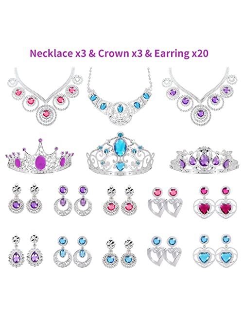 NINAOR 56 Pack Princess Jewelry for Girls Princess Dress Up Accessories Kids Play Jewelry for Girls Included Crown Wand Necklace Bracelet Rings Earrings Great as Princess