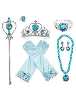 Kaptin 9Pcs Princess Dress Up Accessories Set,Crown Scepter Necklace Earrings Gloves Bracelet for Little Girls