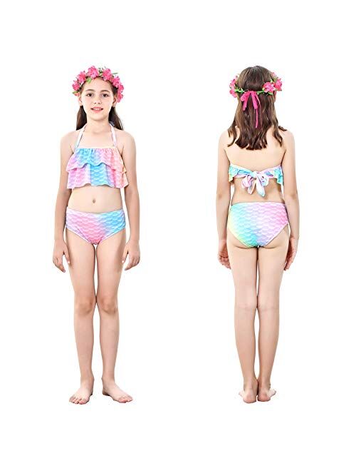 Bxysxly 5Pcs Kids Swimsuit Mermaid Tails for Swimming for Girls Bikini Costume Sets with Flower Headband (No Monofin)