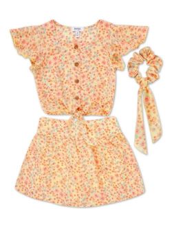 Big Girls Floral Scooter Dress with Skirt and Hair Accessory, 3 Piece Set