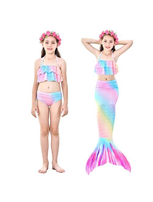 Danvren Mermaid Tails for Swimming Girls Bathing Suits Swimsuit Swimwear Bikini 3 Pcs for 3-12 Year Old