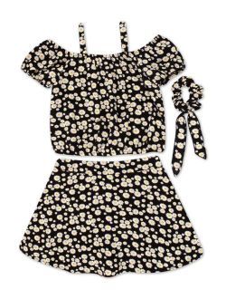 Big Girls Floral Scooter Top with Skirt and Scrunchie, 3-Piece Set