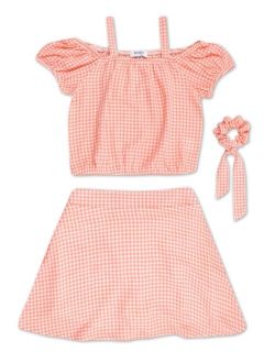 Big Girls Gingham Plaid Scooter Top with Skirt and Scrunchie, 3-Piece Set