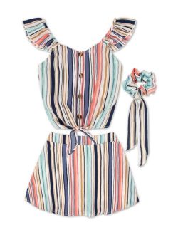 Big Girls Stripe Tie Front Short Sleeves Scooter Top with Skirt and Scrunchie, 3-Piece Set