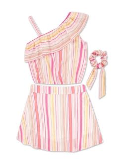 Speechless Big Girls Stripe One Shoulder Scooter Top with Skirt and Scrunchie, 3-Piece Set