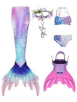 Zentaifan Mermaid Tails for Swimming for Girls with Monofin 6Pcs Bikini Set for Little Girls 3-12Y