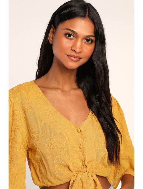 Lulus Delightful Darling Yellow Floral Embroidered Tie-Front Crop Top
