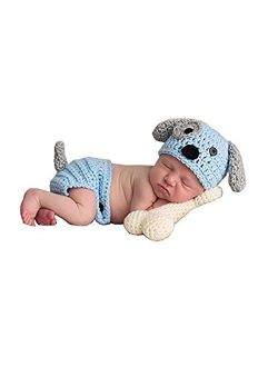 LERORO Newborn Baby Girl Boy Photo Props Outfits Crochet Knitted Blue Dog Hat Shorts with Bone Set for Boys Girls Photography Shoot (0-6 Months)