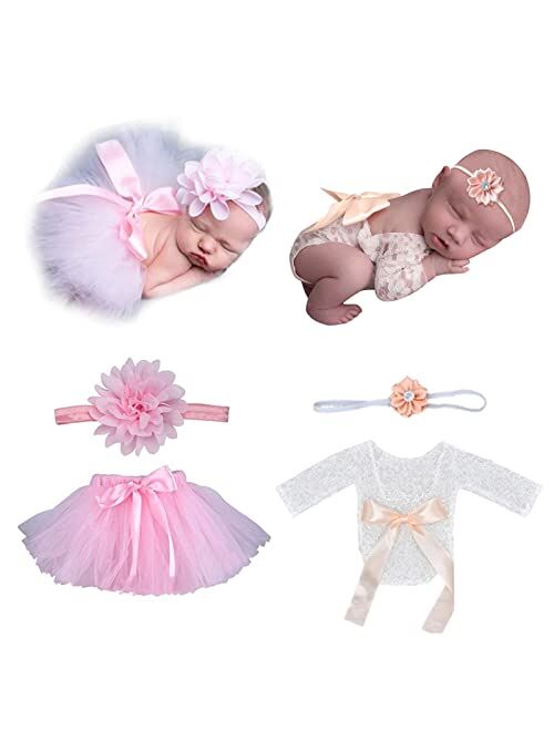SPOKKI 4 PCS Newborn Photography Props Outfits-BabyTutu Skirt Cute Bow Headdress and Lace Rompers Flower Headband Sets for Infants Girl Boy (lace Romper+Tutu Shirt)
