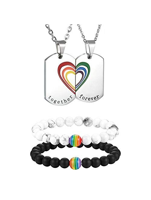 Aroncent Gay Pride LGBTQ Accessories Couples Rainbow Jewelry Set,Stainless Steel Necklace and Magnetic Leather Bracelets for Couple