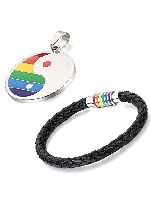 Aroncent Gay Pride LGBTQ Accessories Couples Rainbow Jewelry Set,Stainless Steel Necklace and Magnetic Leather Bracelets for Couple