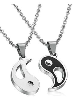 FIBO STEEL 2pcs Stainless Steel Yin Yang Pendant Necklace for Men Women Puzzle Couples Necklace,22 inches