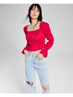Women's Cotton Ruched Puff-Sleeve Top