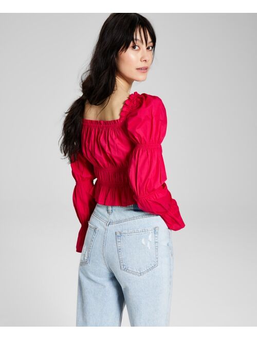 And Now This Women's Cotton Ruched Puff-Sleeve Top