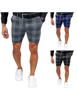 Veki Men's Skinny Fit Dress Shorts, Mens Plaid Print Elastic Waist Shorts 9" Inseam Stretch Chino Short Dress Pants Mens Shorts