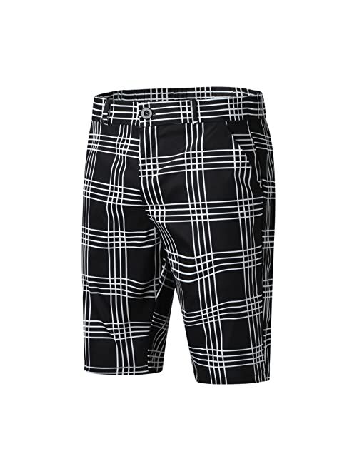 Veki Men's Skinny Fit Dress Shorts, Mens Plaid Print Elastic Waist Shorts 9" Inseam Stretch Chino Short Dress Pants Mens Shorts