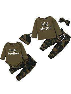 Viworld Baby Brother Sister Matching Outfits Boy Girl Long Sleeve Romper Shirt+Camouflage Pants+Hat Headband 3Pcs Clothes Set