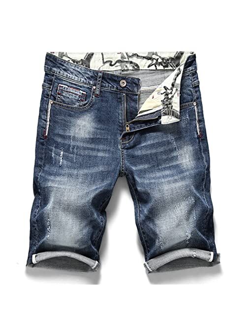 KEHAIOO Summer Men's Stretch Jeans Short Casual Slim Fit Elastic Denim Shorts