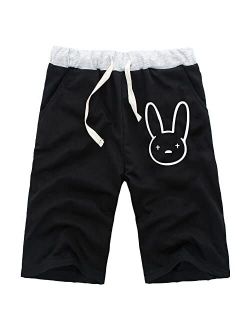Stuput Mens Shorts Casual Summer Beach Cotton Shorts Bad Rabbit Bunny Design with Elastic Waist Drawstring and Pockets