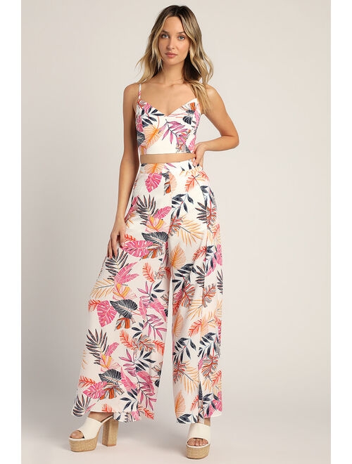 Lulus Views of Vacation White Multi Floral Lace-Up Two-Piece Jumpsuit