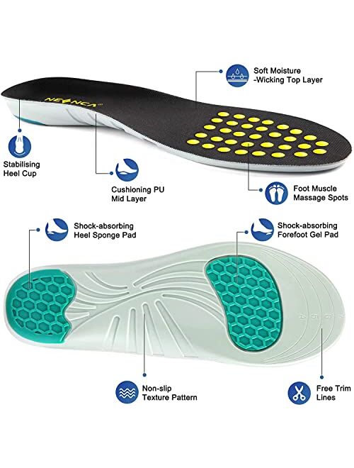 NEENCA Professional Shoe Insoles, Comfort Memory Foam Cushioned Shoe Inserts, Medical Grade Shock Absorption Boot Insoles, Soft Support for Arch/Foot/Heel Pain Relief, Ev