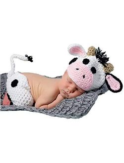 Nenvwa Newborn Baby Photography Prop Boy Girl Photo Shoot Outfits Crochet Knitted Cows Hat Shorts Set White