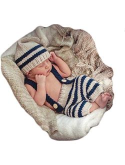 Vedory Newborn Baby Photo Shoot Props Girl Boy Crochet Knit Hat Costume Stripe Hat Pants Overalls Photography Props