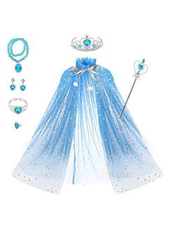 Fedio Princess Cape Set 7 Pieces Girls Princess Cloak with Tiara Crown, Wand for Little Girls Dress up