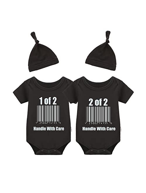 YSCULBUTOL Baby Twins Bodysuit Handle With Care Baby Girl Clothes Funny Baby Romper With Hat Set