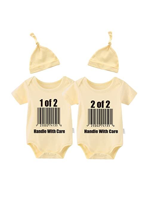 YSCULBUTOL Baby Twins Bodysuit Handle With Care Baby Girl Clothes Funny Baby Romper With Hat Set