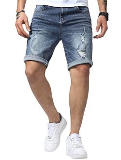 Renaowin Mens Shorts Casual Denim Stretch Slim Fit Washed Distressed Washed Distressed Rolled Ripped Jean Shorts for Men