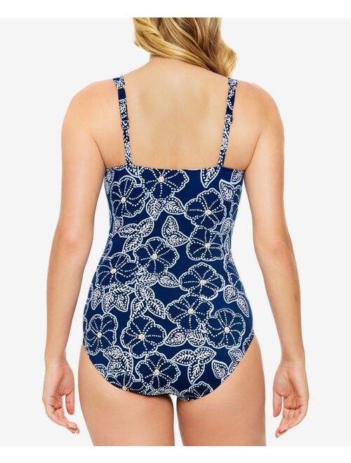 Swim Solutions Shirred-Front Tummy-Control One-Piece Swimsuit, Created for Macy's
