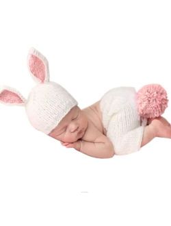 Vedory Newborn Baby Bunny Rabbit Crochet Knitted Photography Props Newborn Baby Outfits Diaper Costume