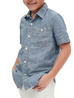 Yasiter Boys' Short Sleeve Denim Shirts Cotton Button Down Classic Collared Solid Color Fit Jean Shirt Tops with Chest Pockets