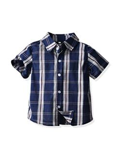 Babamoon Toddler Baby Boys Summer Button Down Shirt Short Sleeve Strip Plaid Print Formal Dress Shirt