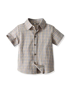 Babamoon Toddler Baby Boys Summer Button Down Shirt Short Sleeve Strip Plaid Print Formal Dress Shirt