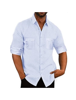 JEKAOYI Button Down Short Sleeve Linen Shirts for Men Summer Casual Cotton Spread Collar Beach Shirts