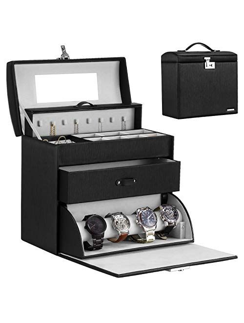 Homde Jewelry Display Box for Men Women Necklace Sunglasses Fully Locking with Watch Hanger Bracelet Holder Mirror
