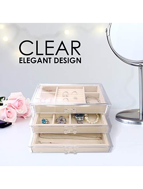 Acrylic Jewelry Organizer Box Women 3 Drawers Clear Storage Case for Girls Bracelet, Necklace & Ring Holder with Velvet Lining by Simple Goods