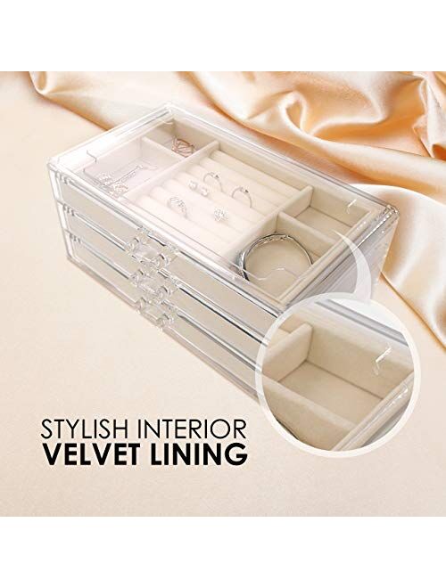 Acrylic Jewelry Organizer Box Women 3 Drawers Clear Storage Case for Girls Bracelet, Necklace & Ring Holder with Velvet Lining by Simple Goods