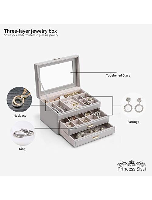 Vlando Jewelry Organizer Box for Girls Women, 3 Layer Large Jewelry Boxes with 2 Drawers, Glass Lid Leather Jewelry Storage for Necklaces Earrings Rings Bracelets Watches