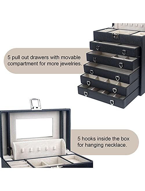 Kendal 6 Layer Large Leather Jewelry Box for Women, Lockable Jewelry Organizer Case with Mirror for Necklace, Ring, Jewelry LJC09BK