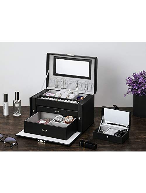 GUKA Jewelry Box for Women, Jewerly Case with 2 Drawers, Leather Design Lockable Jewelry Case with Mirror, Travel Case, for Necklaces Earrings Rings Watches Storage Case,