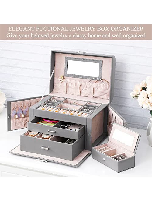 ANWBROAD Pink Jewelry Box for Teen Girls Women with Travel Jewelry Organizer 3 Layer with Lock and Mirror Make Your Jewelry Easy to Categorize
